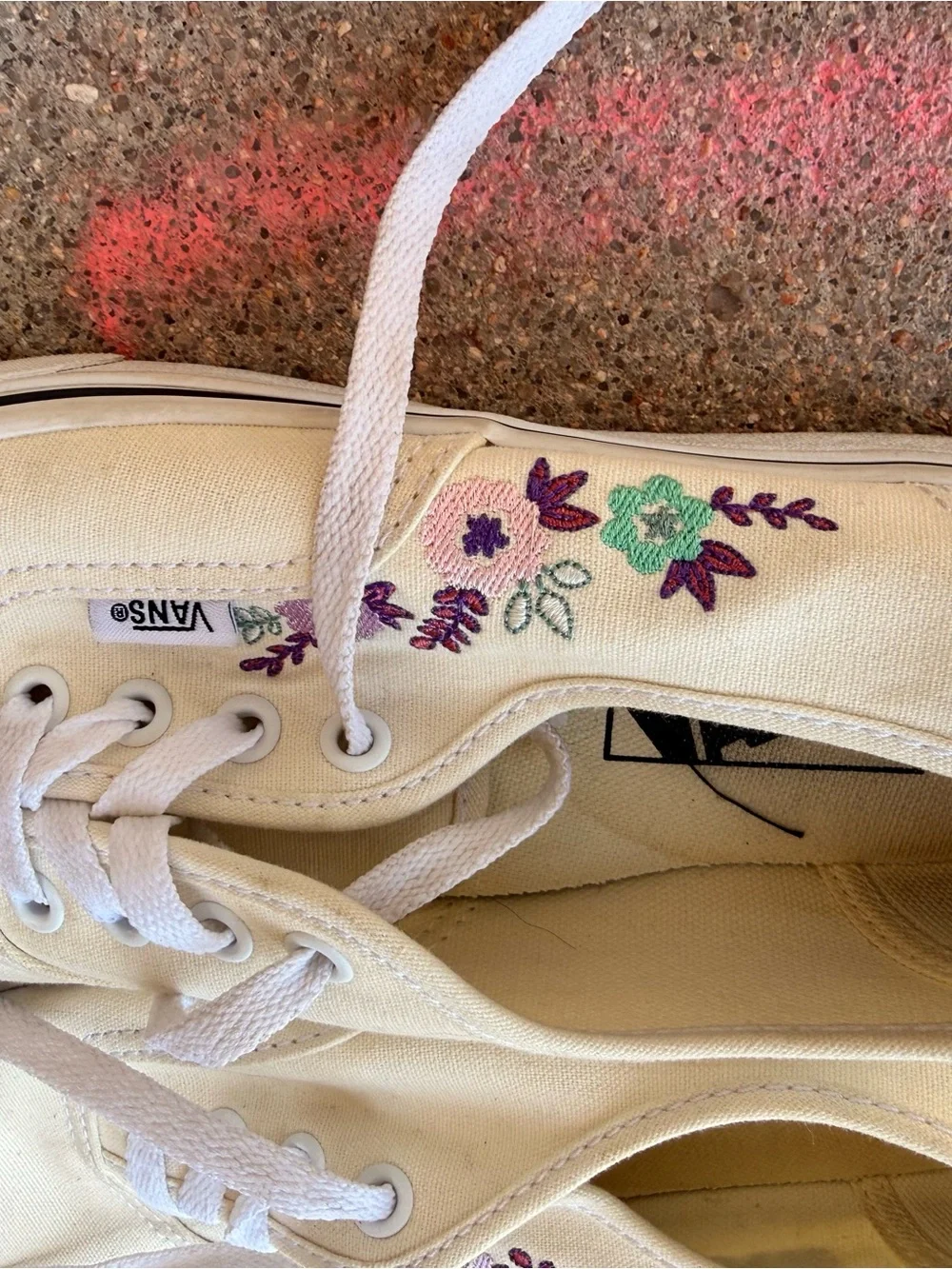 Vans Women's Cream Canvas Sneakers with Purple & Green Floral Embroidery